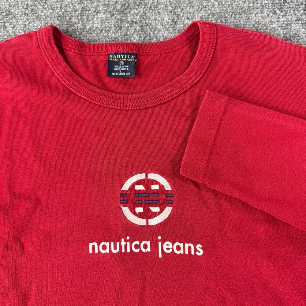 Nautica Long Sleeve T-Shirt Red Cotton Crew Neck Logo L Y2K